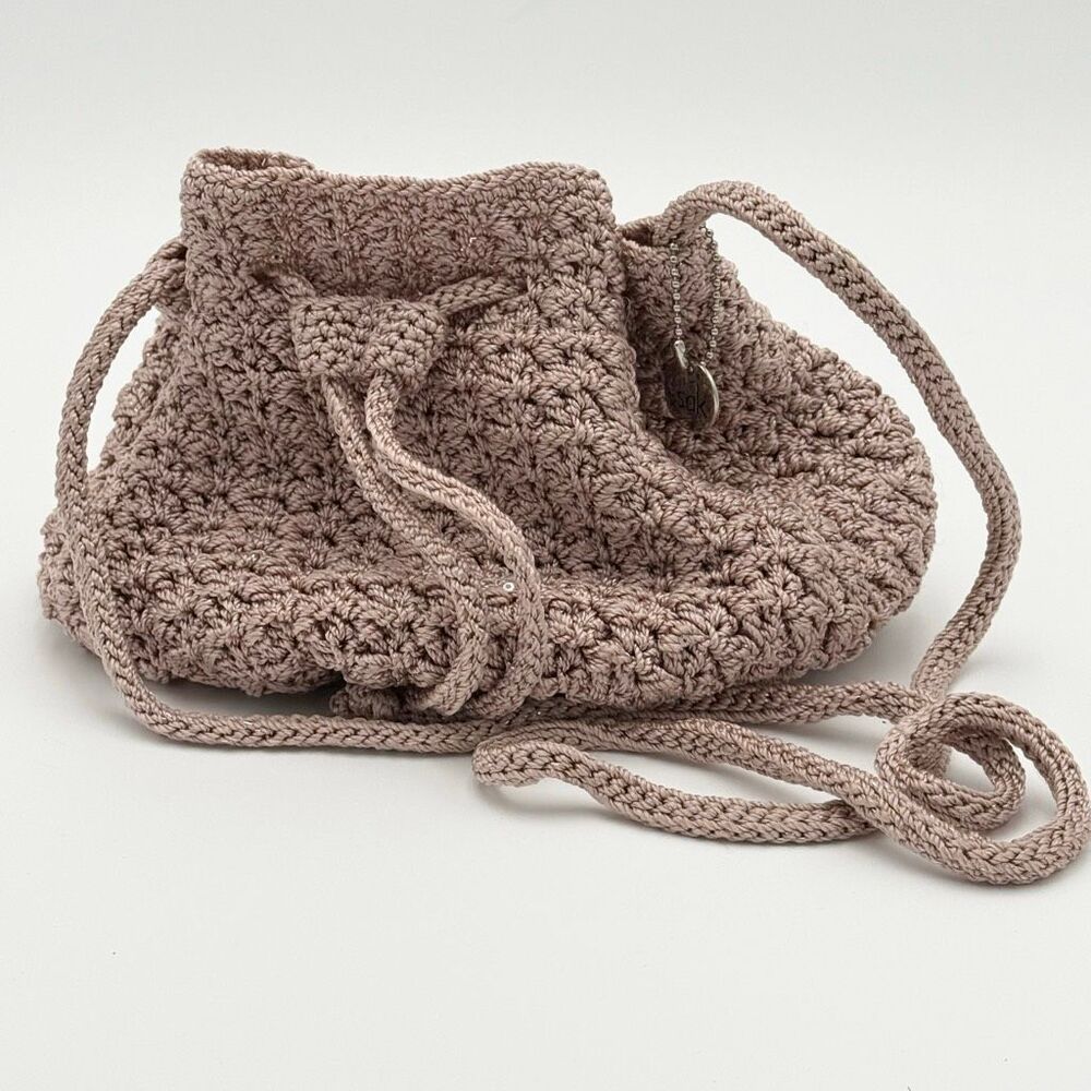 The Sak Soft Pink Blush Crochet Crossbody Drawstring Bucket Bag